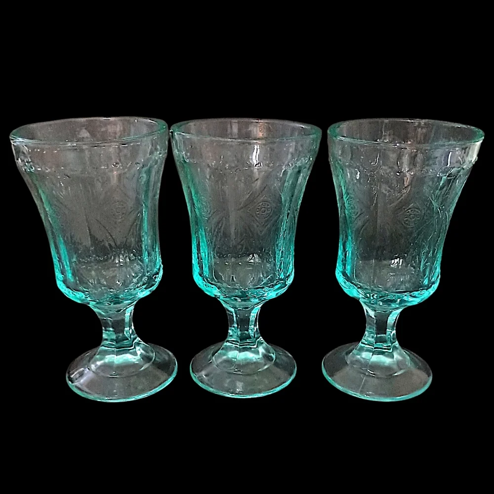 3 Indiana Glass‎ Recollection Goblet Glass Teal Aqua Vintage Beach Cottage House